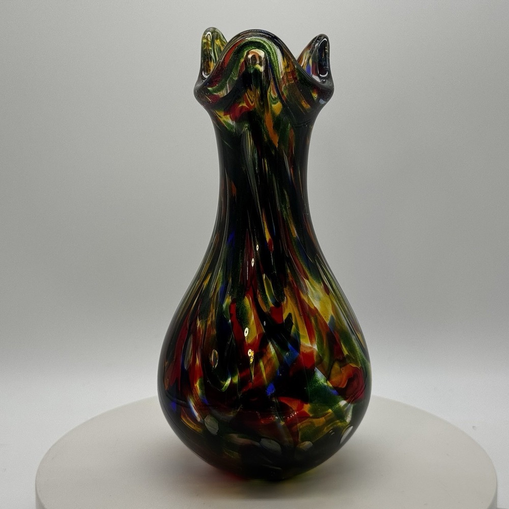 Vtg PYROMANIA Rainbow Glitter Swirl Art Glass Oregon Coast Vase 7" Tall Bubbles